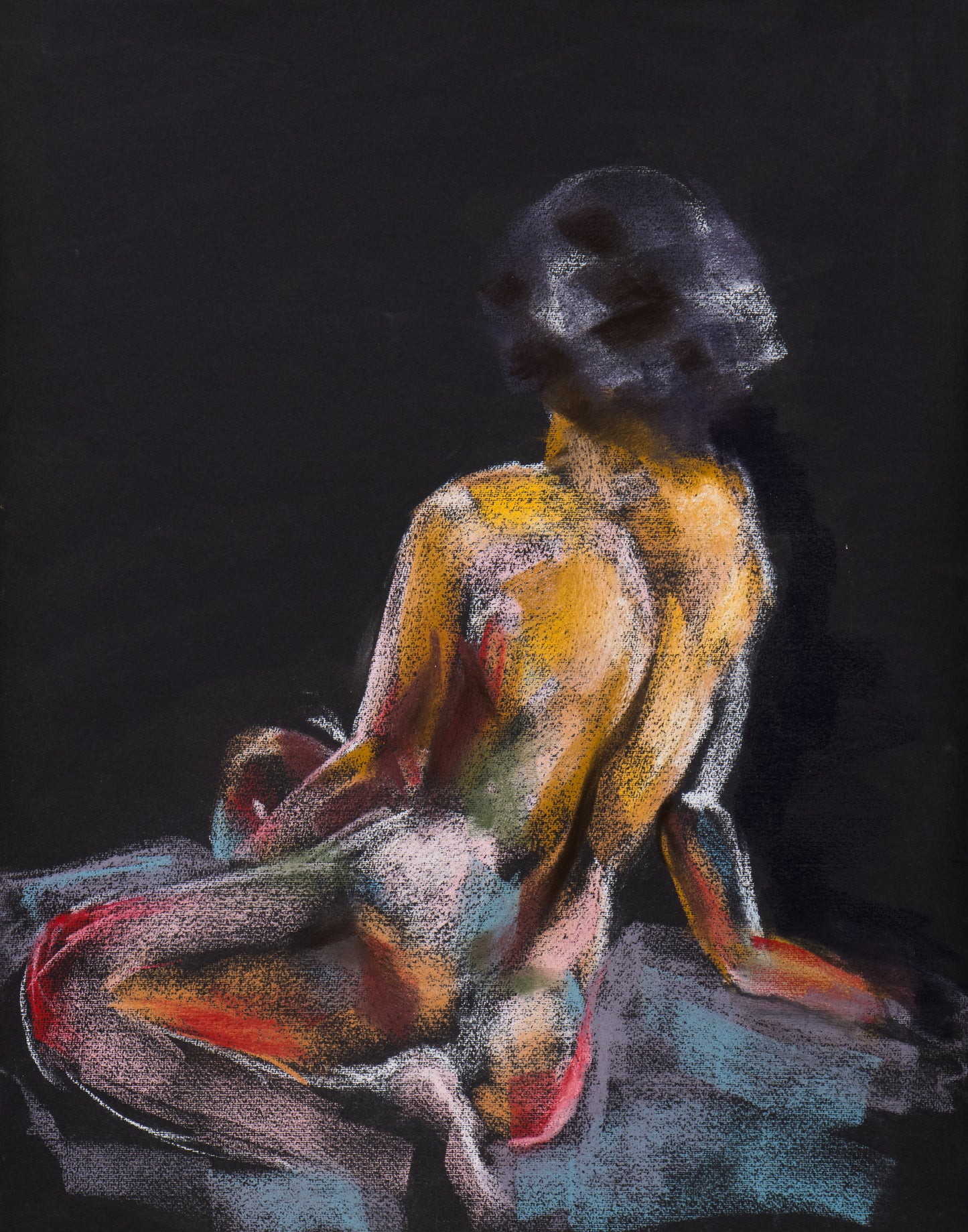 Original soft pastell, drawn from life model by Bogdan Jensen, shows a female figure looking away from us and into the darkness, in a contemplative posture.