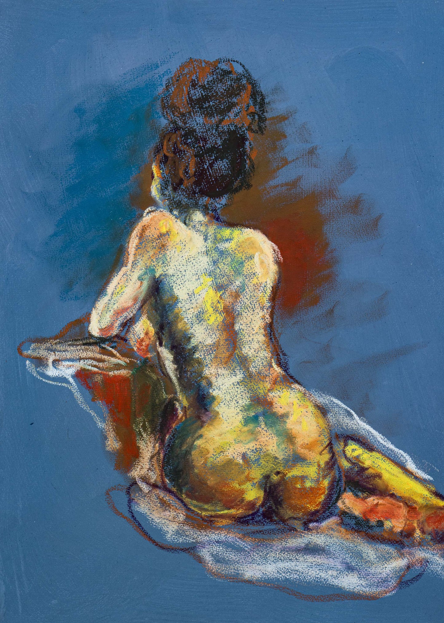 An impressionistic oil stick painting of a seated nude figure seen from the back, rendered in warm yellow, orange, and brown tones against a blue background. Painted from life model by Bogdan Jensen