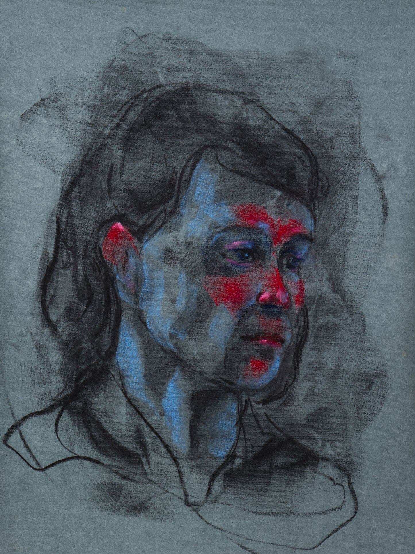 Original pastel and charcoal portrait of a face emerging from shadow, exploring memory, tenderness, and quiet vulnerability.