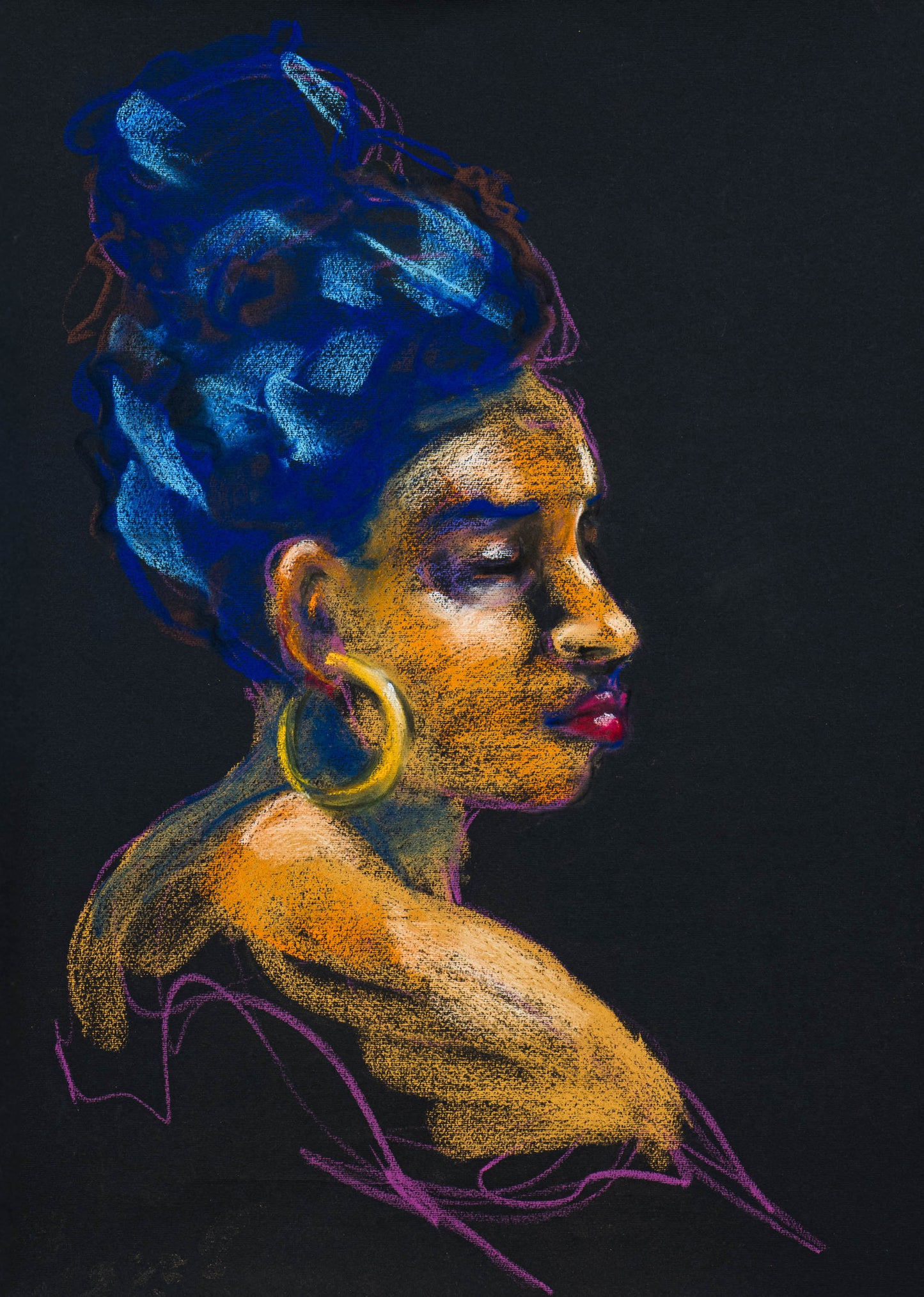 Original pastel portrait of a figure in profile on black paper, illuminated by gold, violet, and deep electric blue tones.