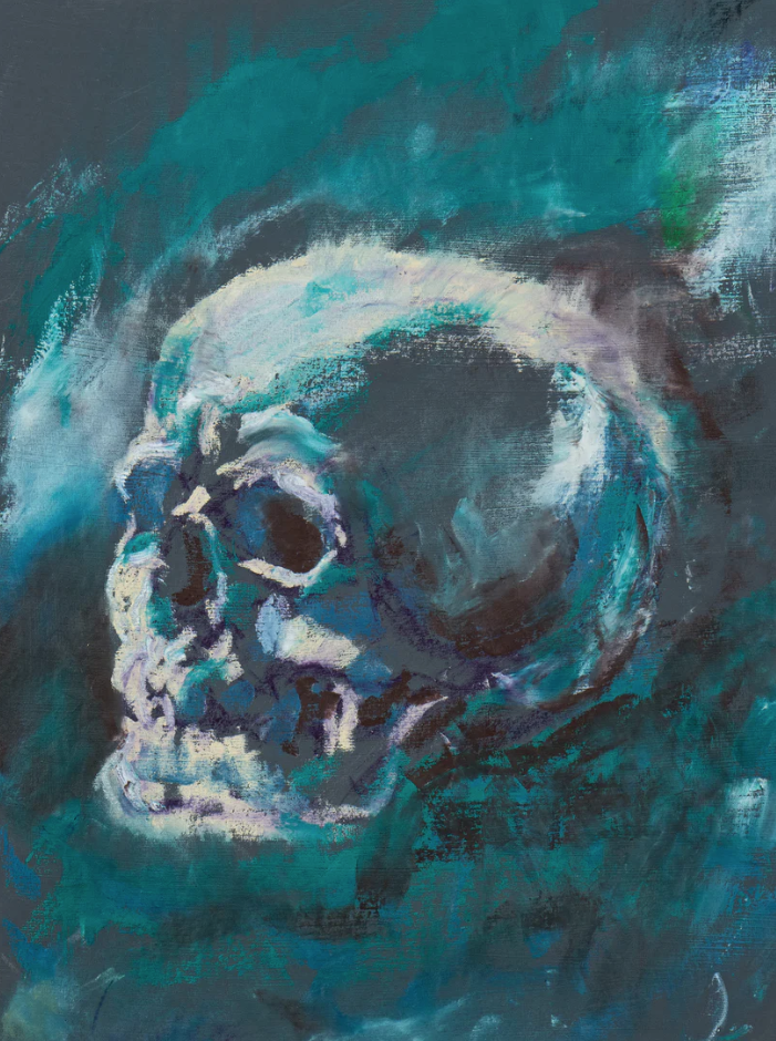 Blue Remains, original oil stick painting of a skull in blue and teal against a dark atmospheric background.
