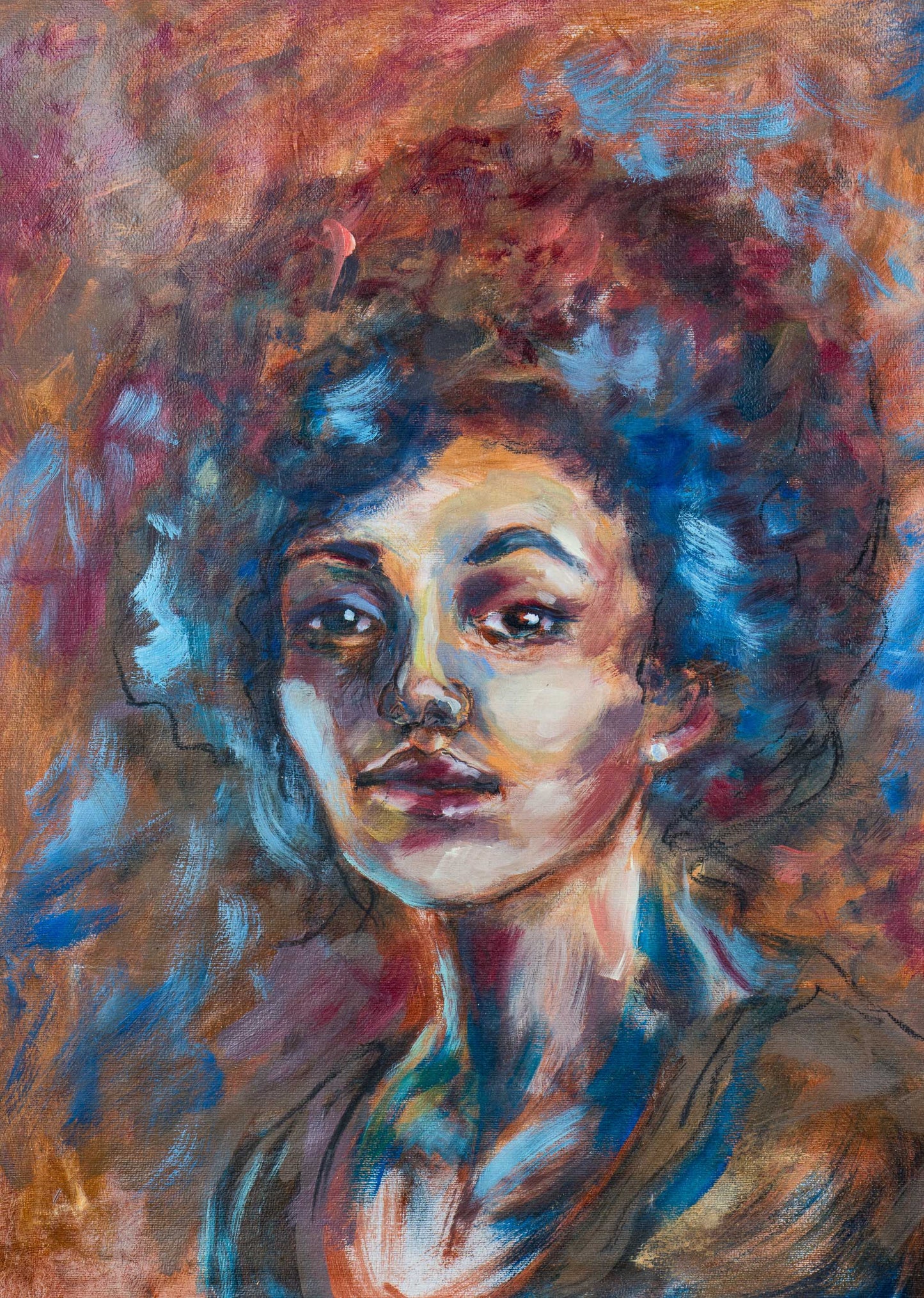 Original oil portrait of a face with direct gaze, surrounded by layered blues, ochres, reds, and pale highlights on toned cotton paper.