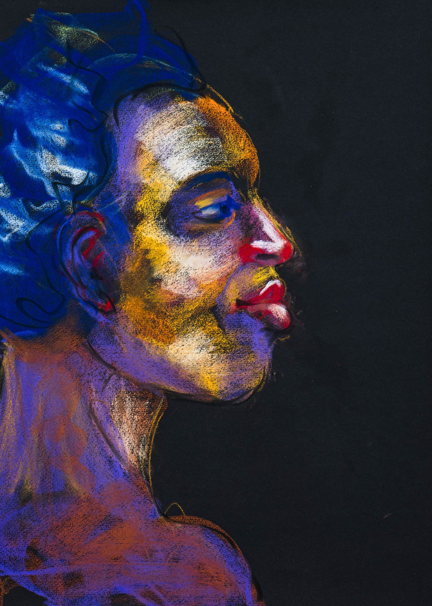 Original pastel portrait of a figure in profile on black paper, illuminated by blue, gold, violet, and red tones.