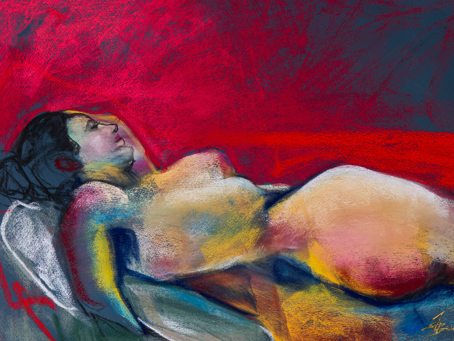 Original pastel drawing of a resting figure in a deep crimson atmosphere, exploring surrender, warmth, and dreamlike intensity.