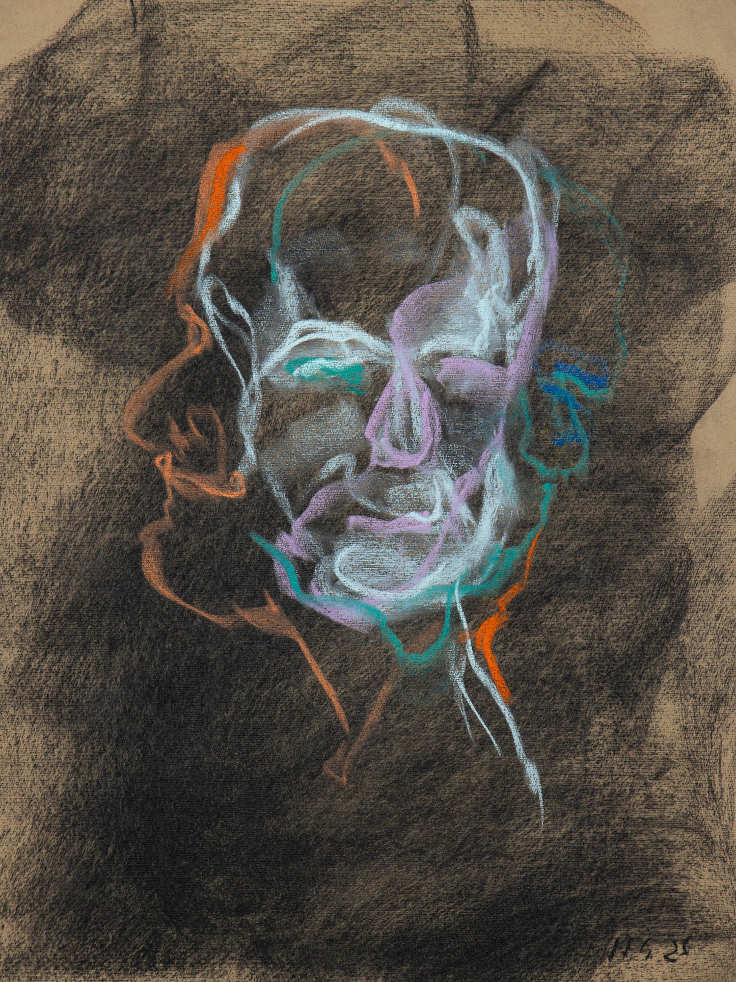 Écho I, 2026 original live portrait drawing by Bogdan Jensen appearing like a colourful afterimage