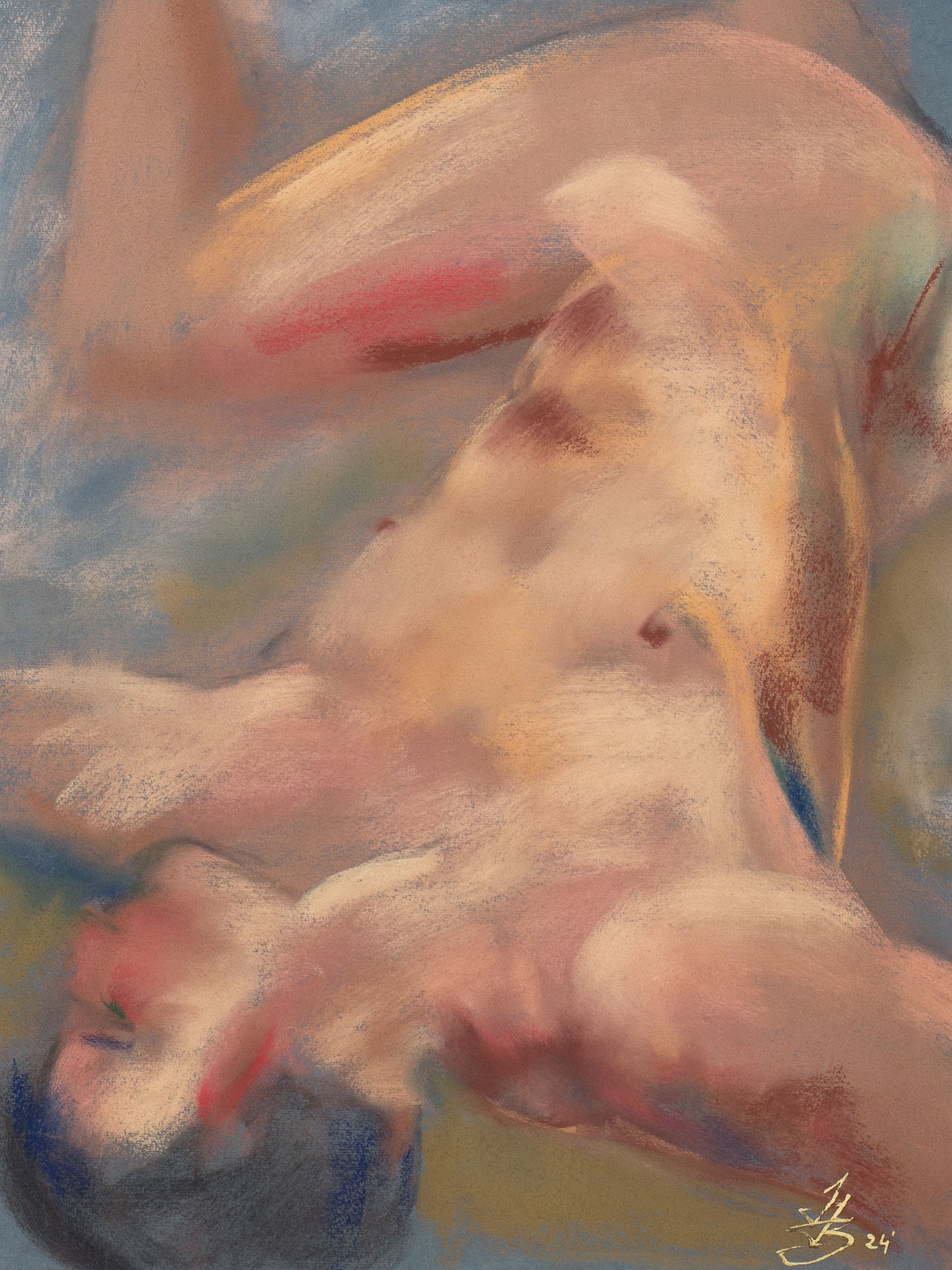 Original pastel drawing of a figure softening into light and shadow on toned cotton paper, exploring surrender and stillness.
