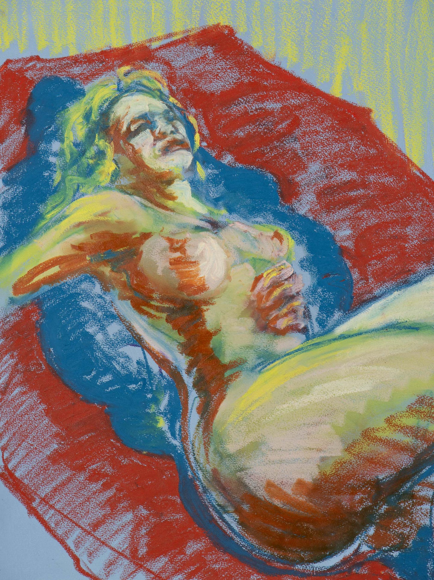 Life & Remains I, original oil stick painting of a reclining figure on a red ground with blue shadow and yellow light.