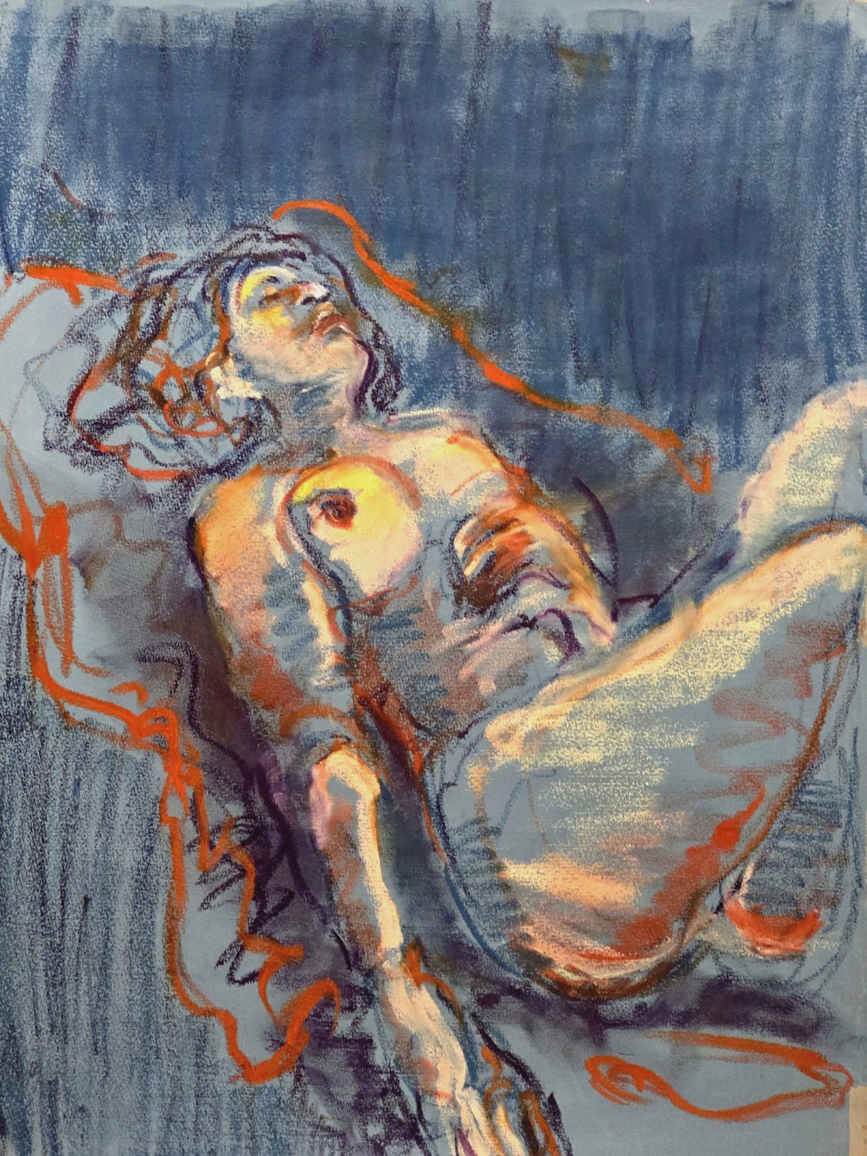 Life & Remains II, original oil stick painting of a reclining figure in blue-grey tones with orange contour lines and warm highlights.