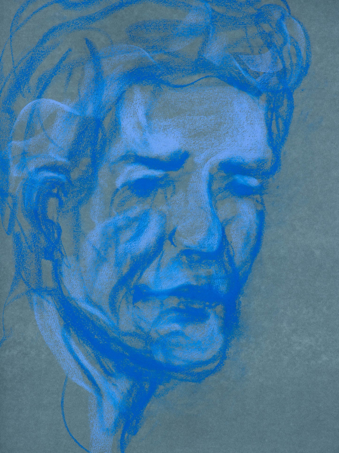 Masque III, 2026 original blue live portrait drawing by Bogdan Jensen between likeness memory and mask