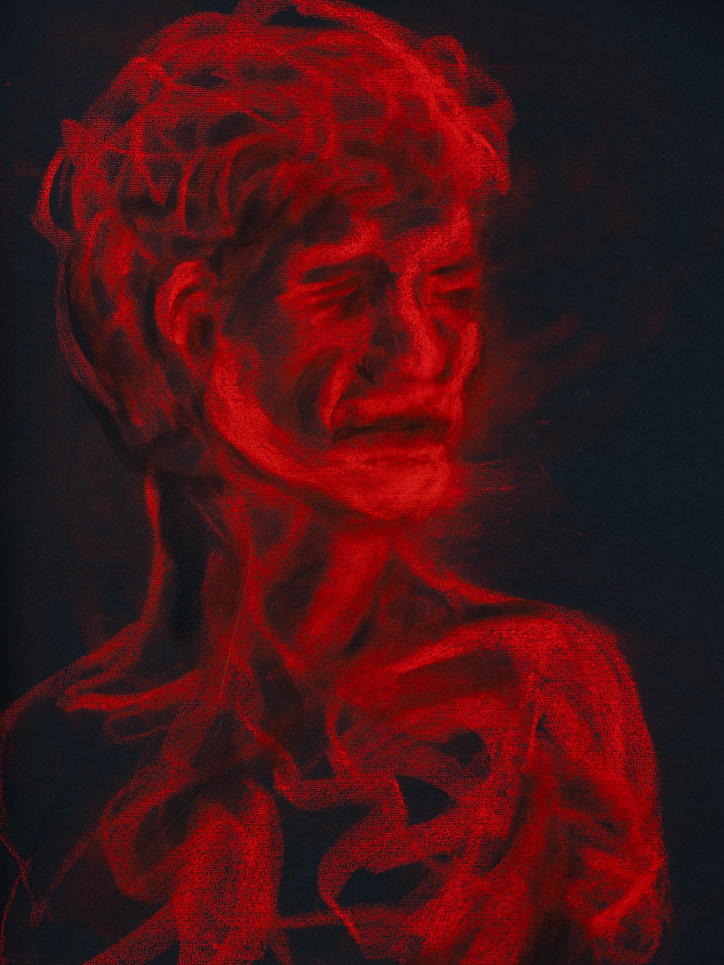 Mort ou non? IV, 2026 original red live portrait drawing by Bogdan Jensen from Le Garçon le plus triste du monde