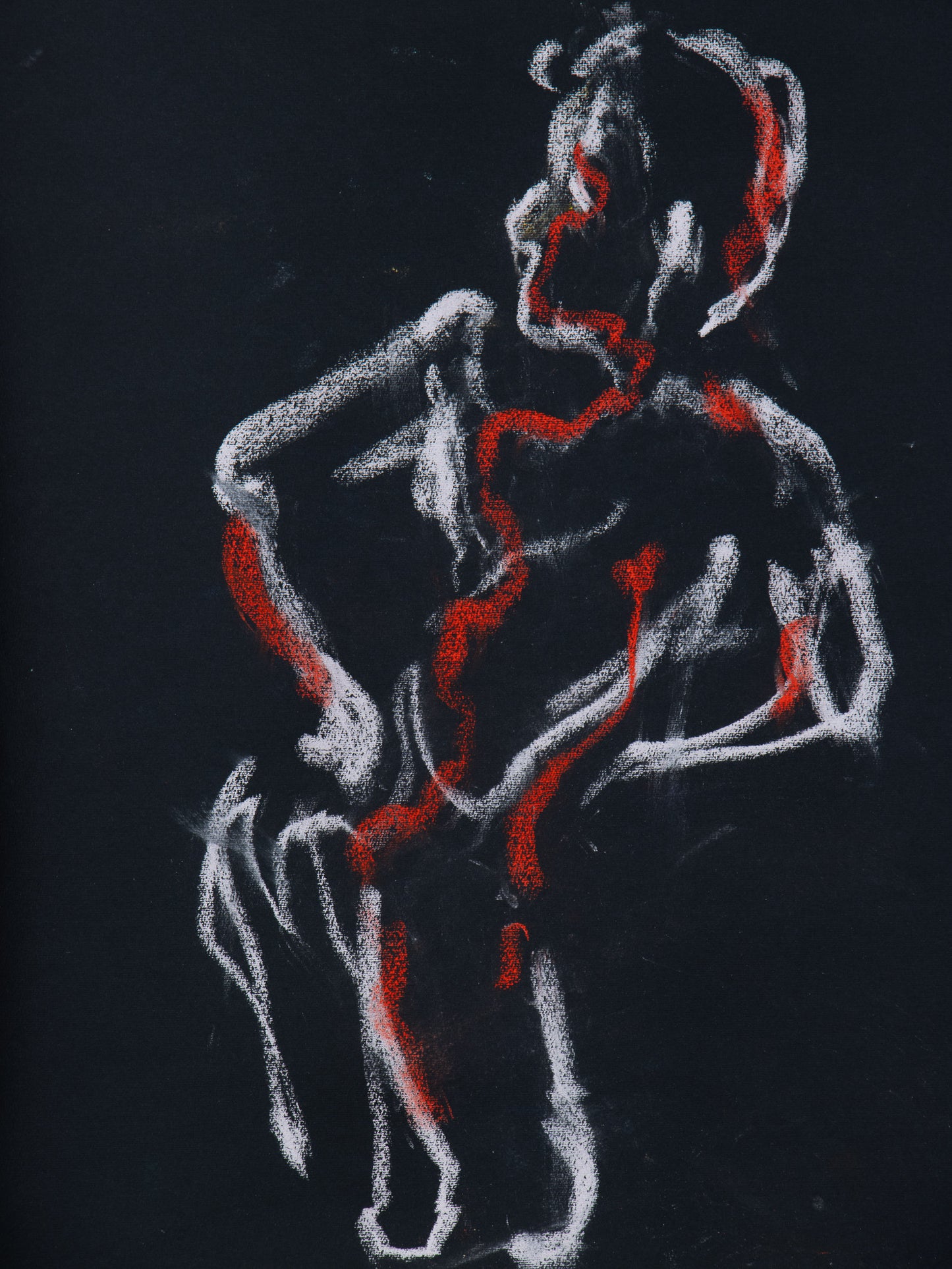 Pose II, 2026 original live figure drawing by Bogdan Jensen held in movement red line and shadow