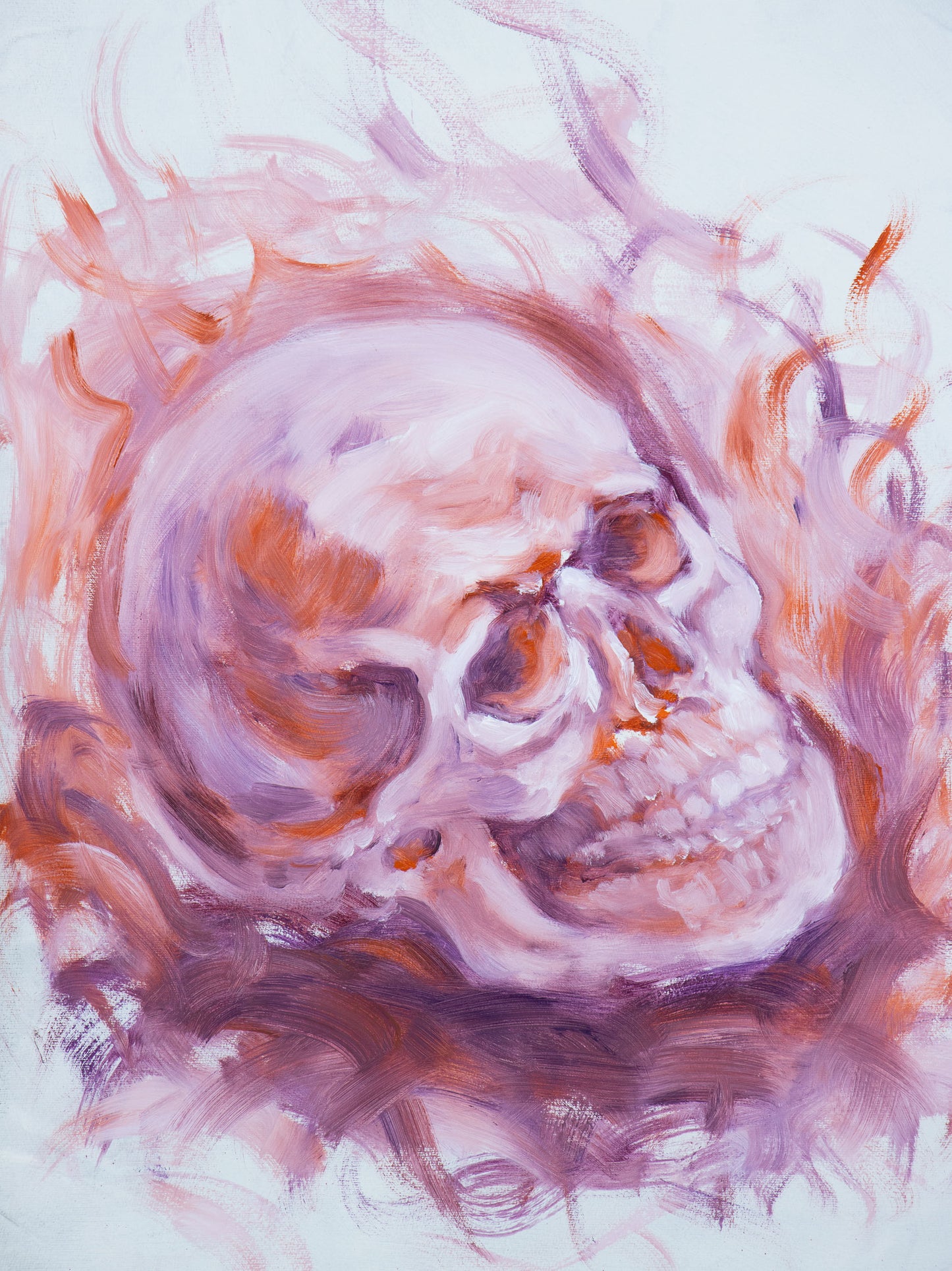 Rose Remains, original oil stick painting of a skull in rose, violet and warm orange tones against a pale background.