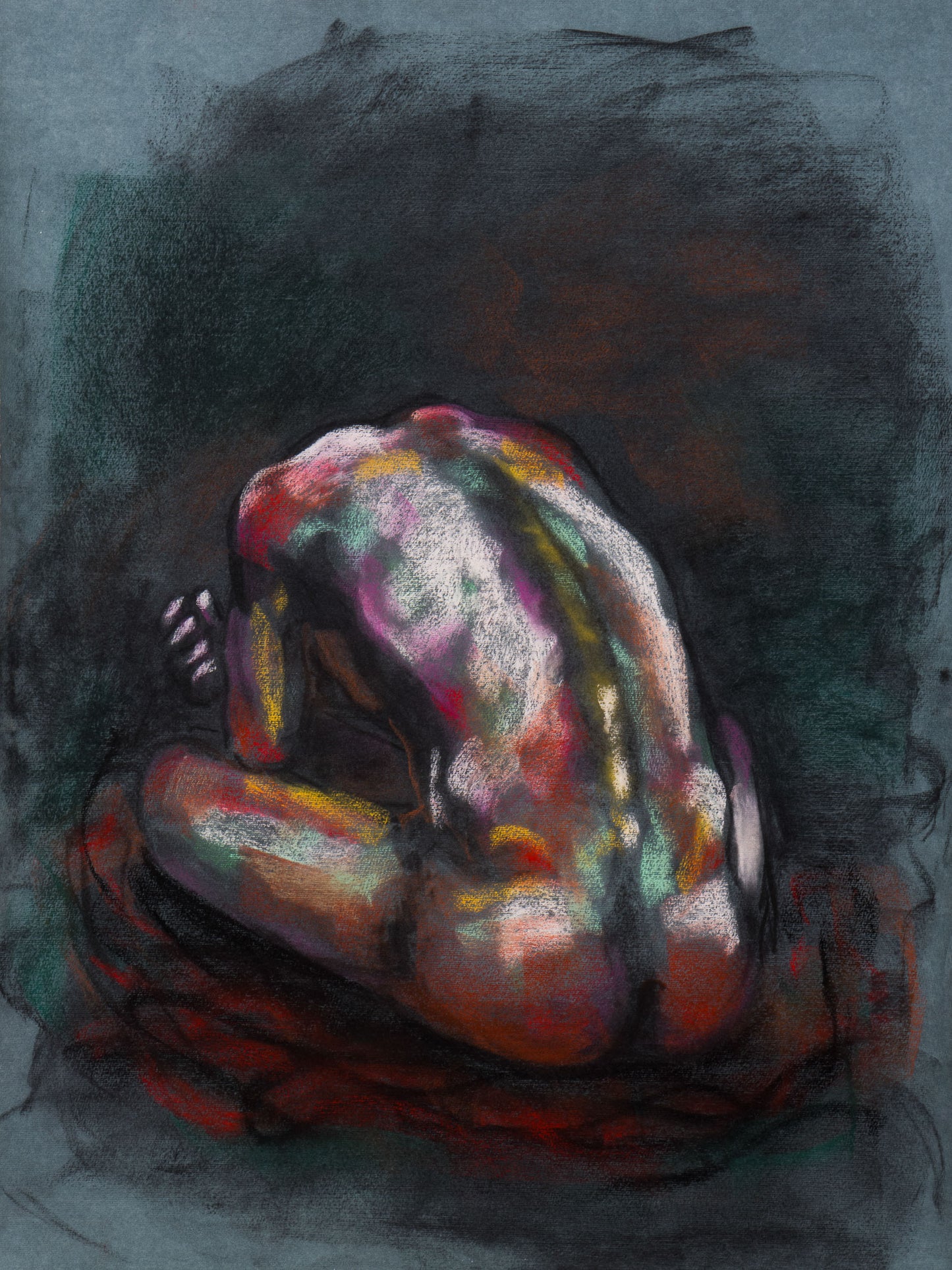 Original pastel drawing of a curled figure on black paper with red, green, and gold tones, exploring warmth, shadow, and surrender.