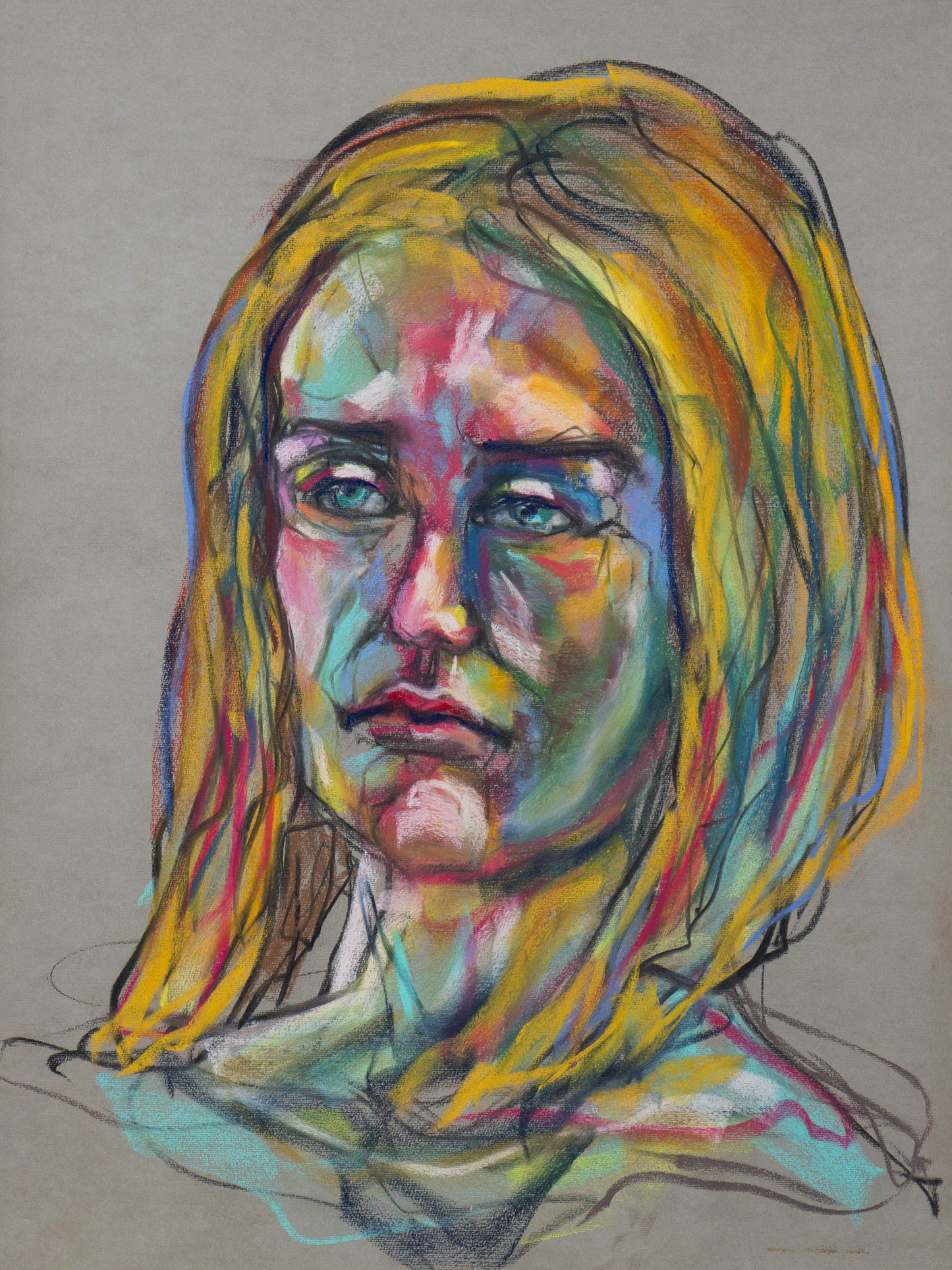 Original pastel drawing of a still figure in layered colour and shadow, exploring perception, emotion, and contemplative stillness.