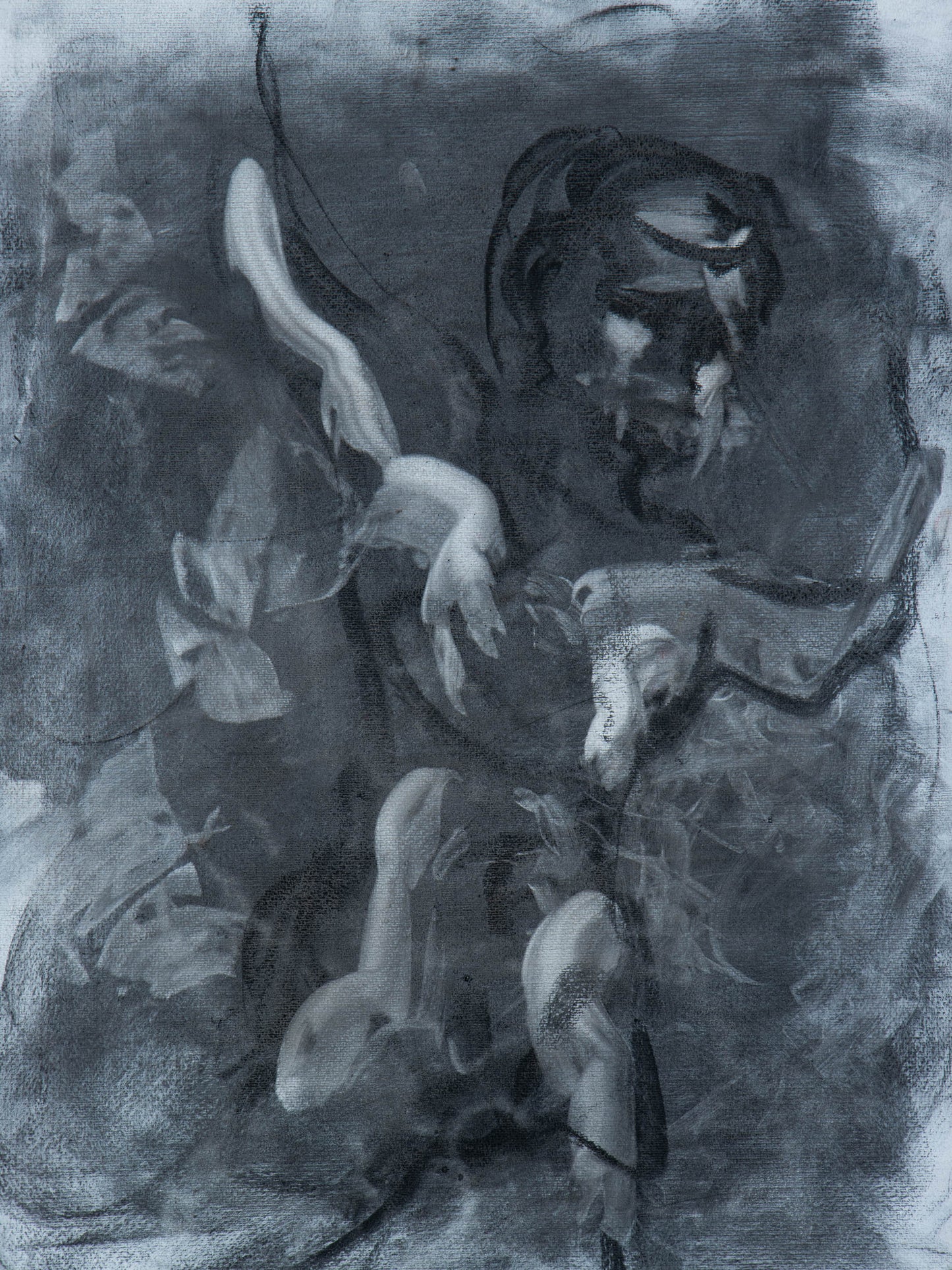 Tendu I, 2026 original live figure drawing by Bogdan Jensen of a suspended body stretching through tension