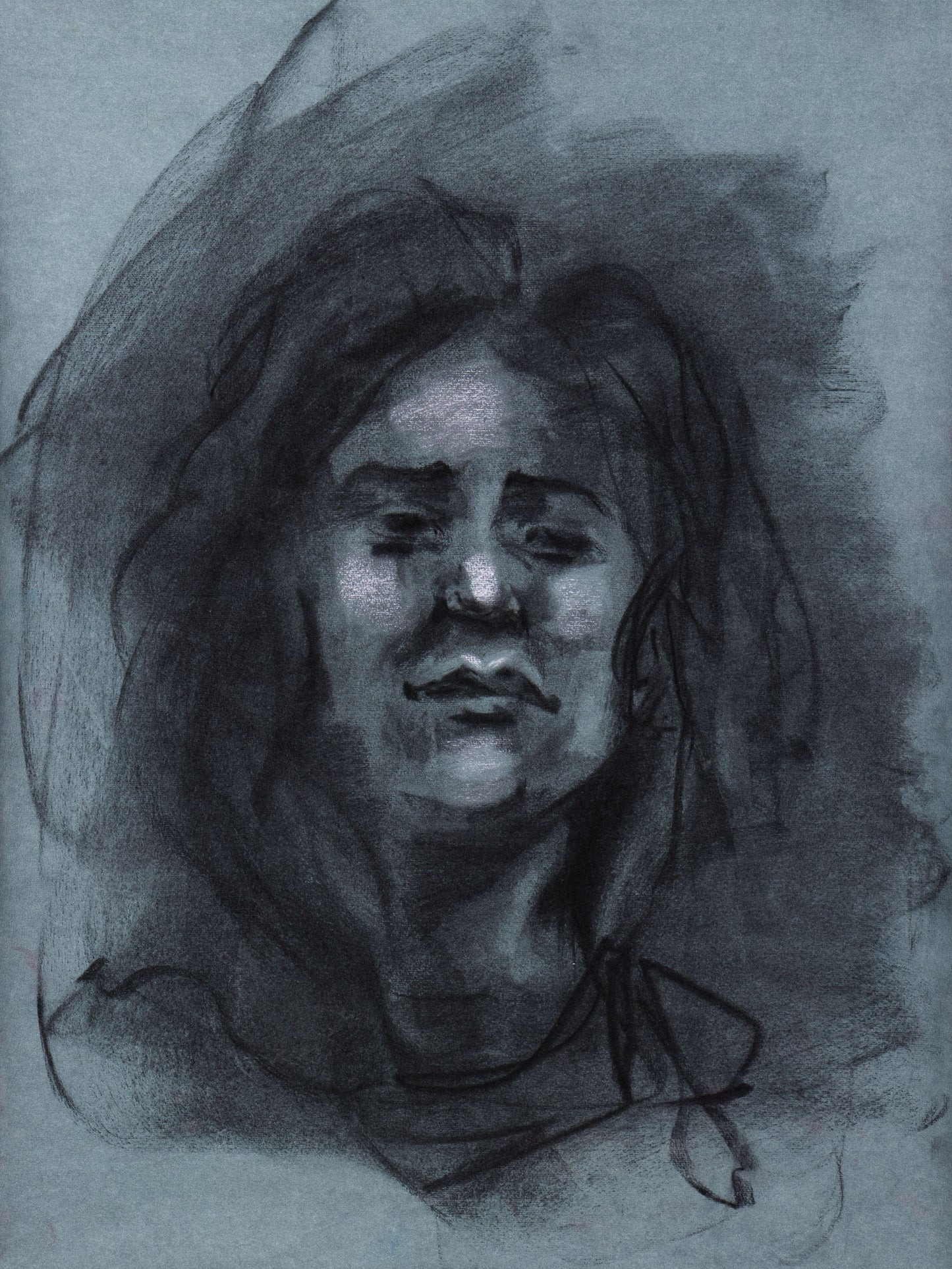 Original charcoal portrait of a face emerging from shadow on toned cotton paper, exploring introspection and quiet tension.