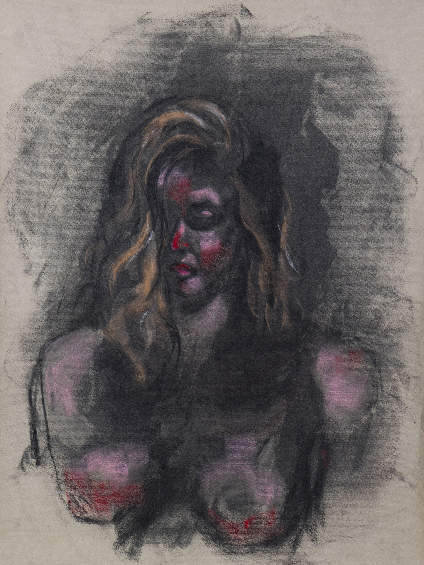 Original charcoal and pastel portrait of a figure emerging from shadow and red light on toned cotton paper.