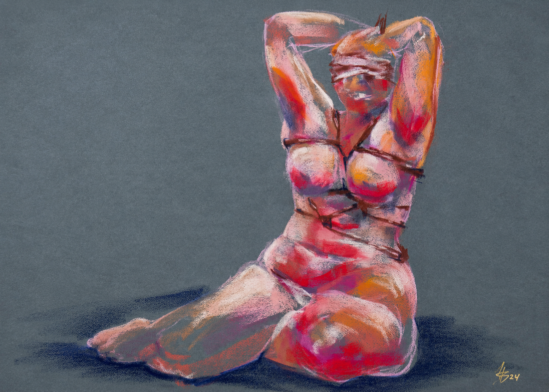 Depiction of "Justice" as a bound and blindfolded woman. 