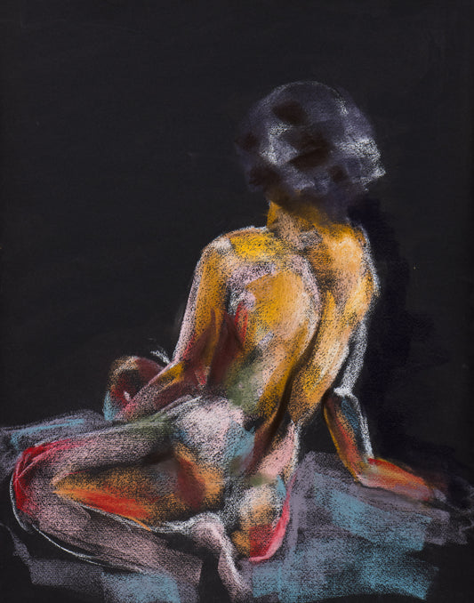 Original soft pastell, drawn from life model by Bogdan Jensen, shows a female figure looking away from us and into the darkness, in a contemplative posture. 