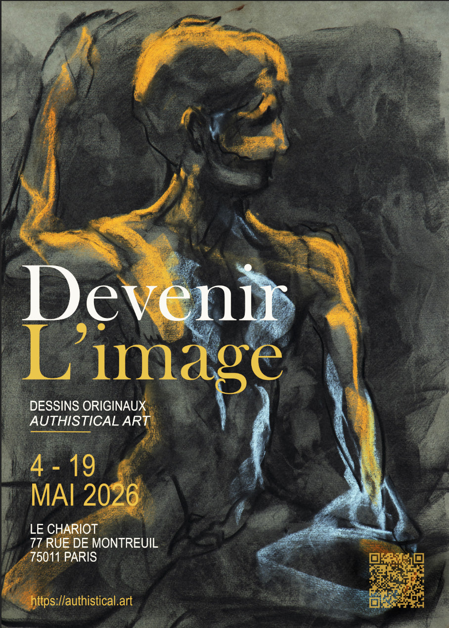 Artistic poster for an exhibition titled 'Devenir L'image' with a stylized human figure drawn in charcoal and soft pastel by artist Bogdan Jensen. 