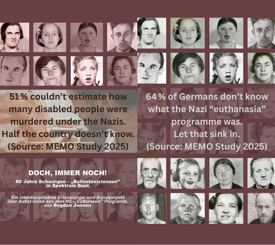 Poster from the project Doch, Immer Noch! explaining the statistics around awareness of the Euthanasia Programmes of the Nazis. 