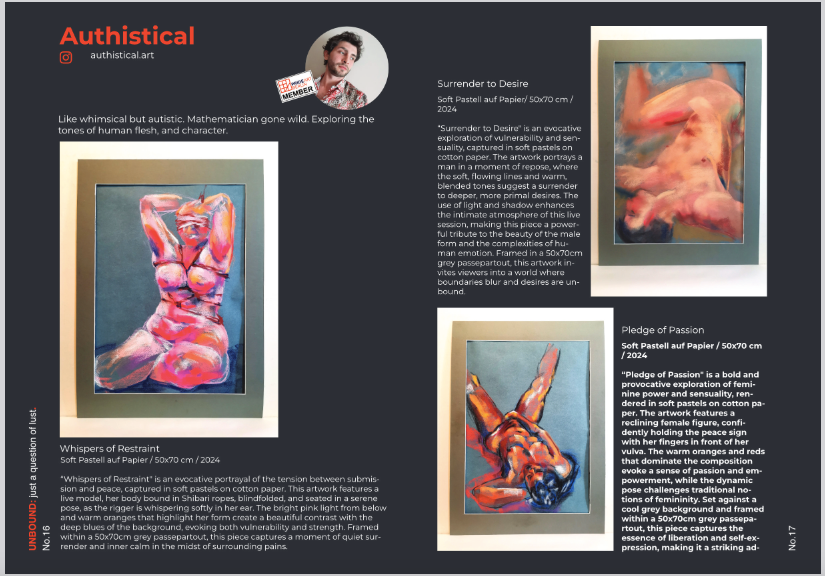 Picture of the Editorial from Pride Art Berlin's exhibition "Unbound" featuring artist Bogdan Jensen and his figurative works in soft pastel. 