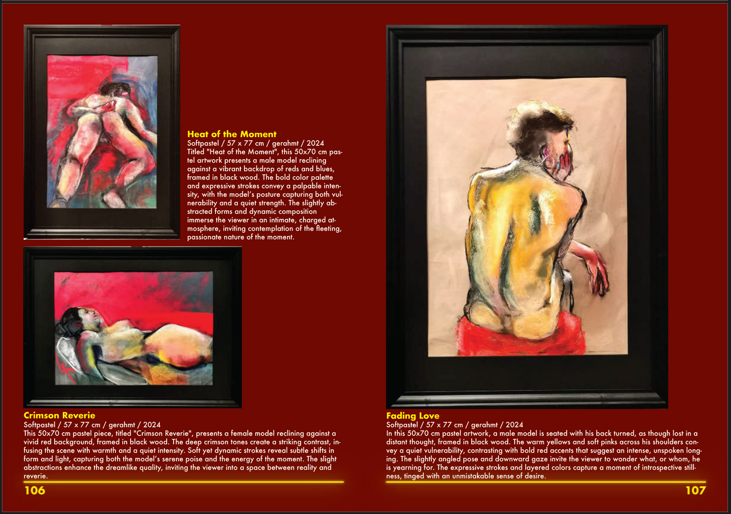 Picture showing the Editorial page of the Pride Art Berlin after the Exhibition "Nothing but Love", featuring artist Bogdan Jensen and his soft pastel figure drawings. 