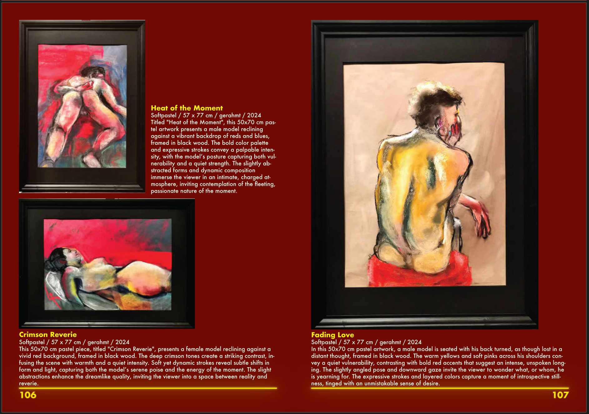 Picture showing the Editorial page of the Pride Art Berlin after the Exhibition "Nothing but Love", featuring artist Bogdan Jensen and his soft pastel figure drawings. 