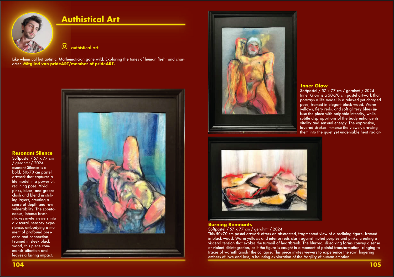 Picture showing the first Editorial page of the Pride Art Berlin after the Exhibition "Nothing but Love", featuring artist Bogdan Jensen and his soft pastel figure drawings. 