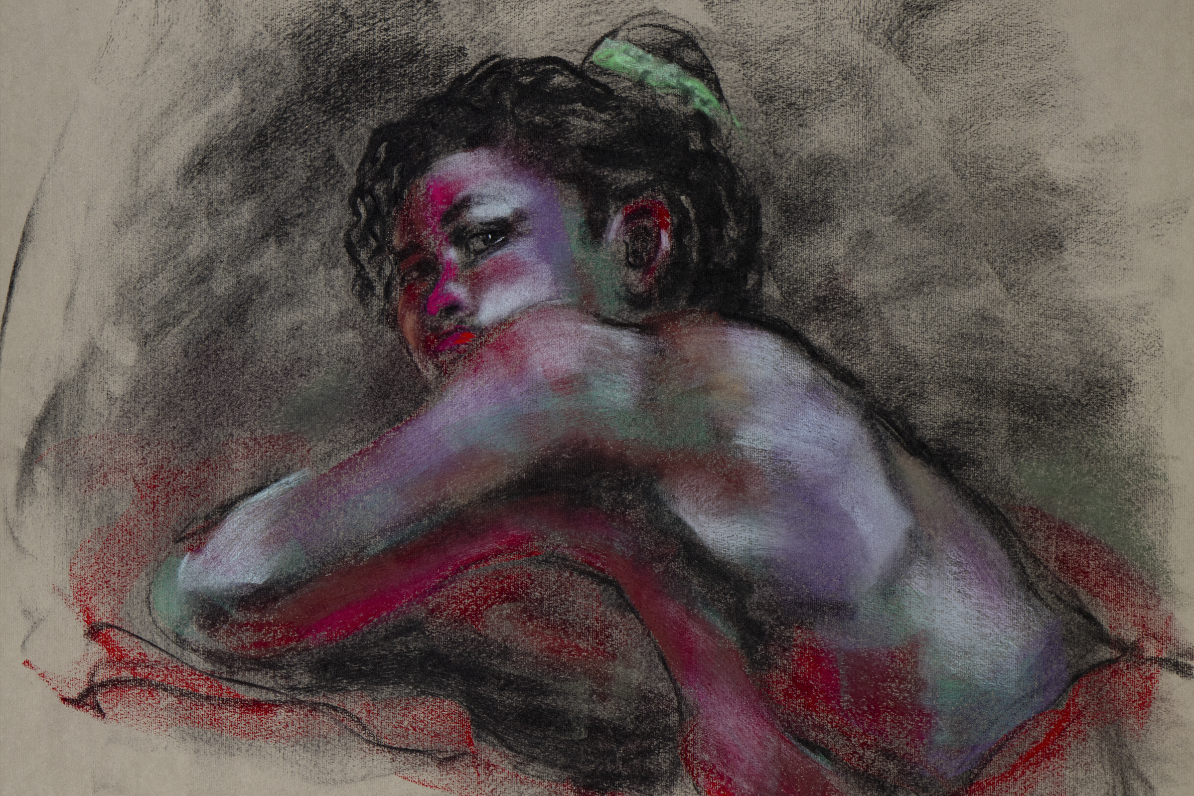 Soft Pastel drawing of a female figure looking back at us, the viewer, from under the covers. 