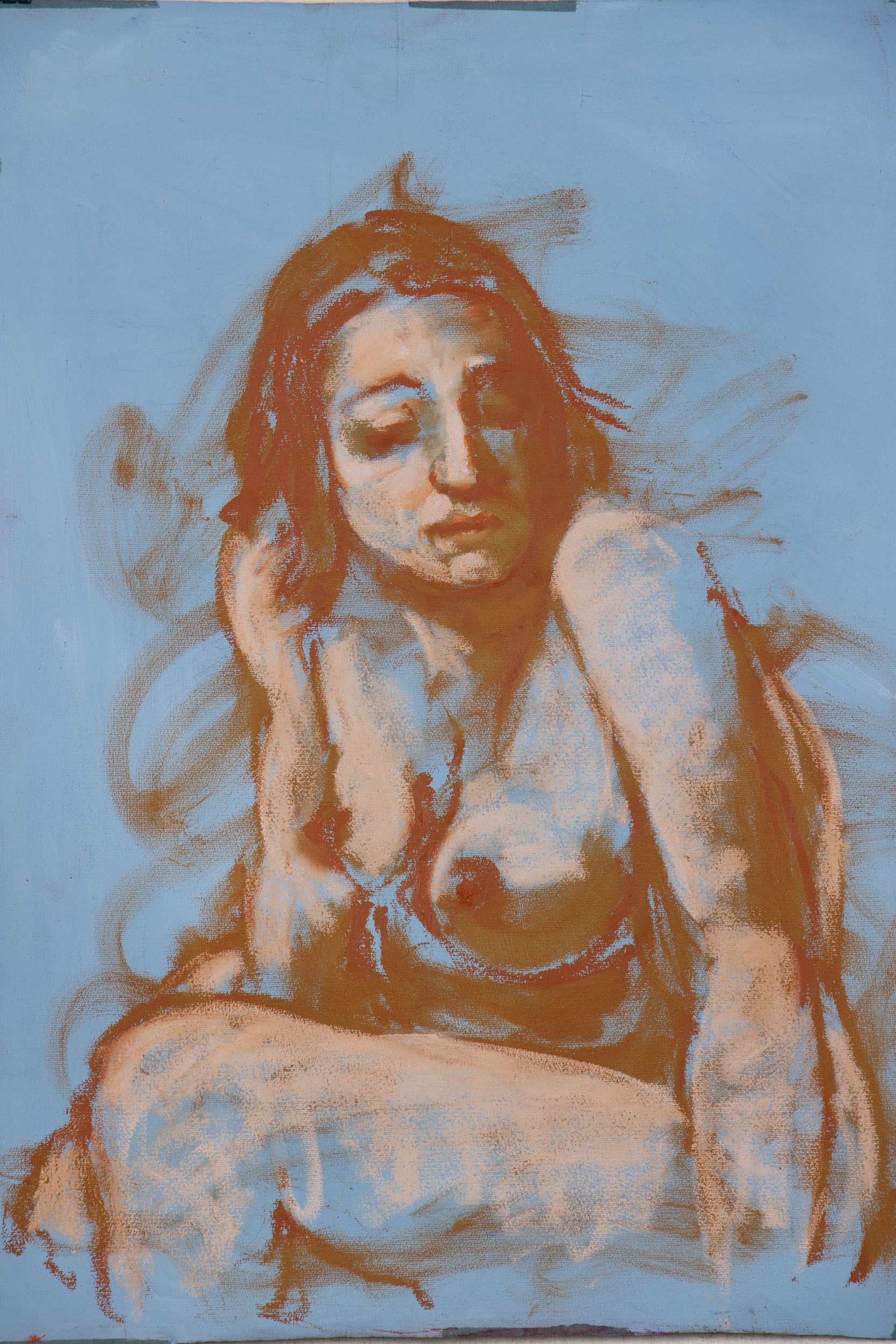 A painting "Soft Whisper", depicting a seated female figure done in oil sticks from a life painting session by Bogdan Jensen