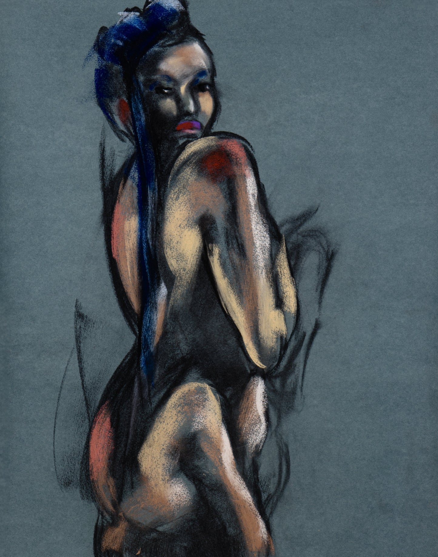 A charcoal and pastel sketch of a female figure seen from behind, with dark blue hair and red accents, set against a textured gray background, drawn from a life model by artist Bogdan Jensen