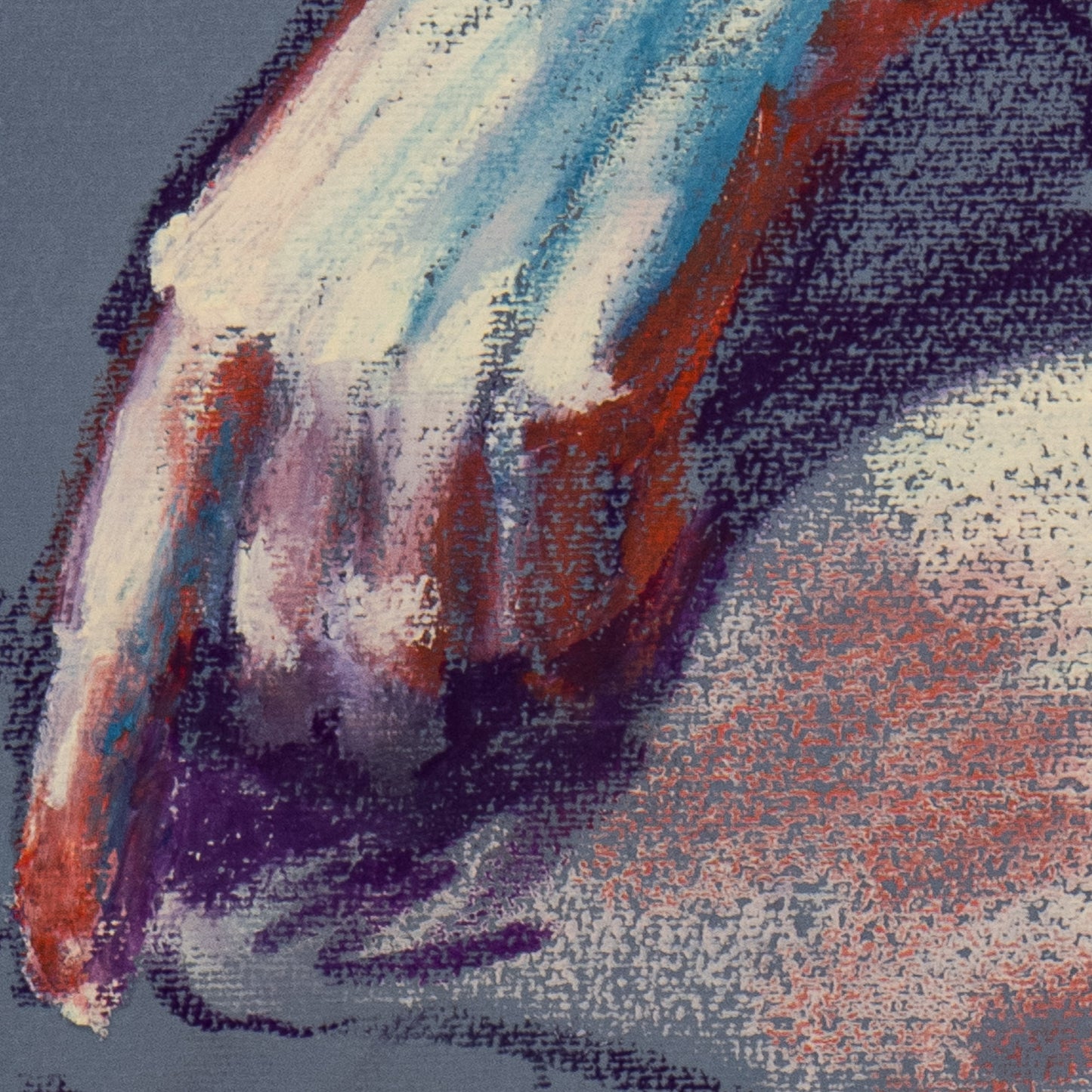 Close-up of A Gentle Touch fine art print by Bogdan Jensen showing soft pastel texture, delicate marks, and the hand of the pale seated figure in blue and pink tones