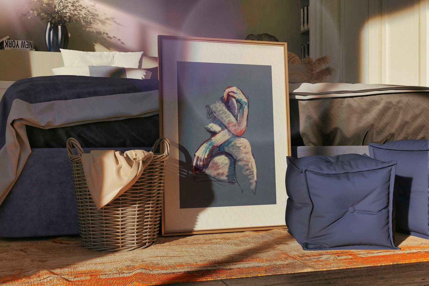 Person hanging framed A Gentle Touch fine art print by Bogdan Jensen on a wall, showing the scale of the seated pastel figure study