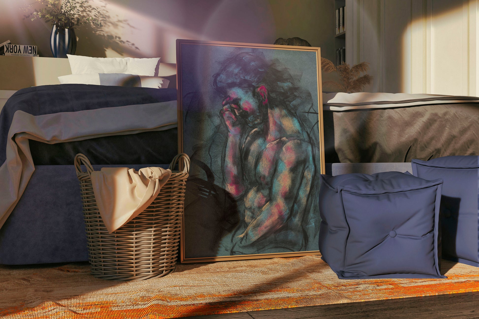 A Quiet Ache fine art print by Bogdan Jensen displayed on a bedroom floor, showing the figure drawing in a relaxed interior setting