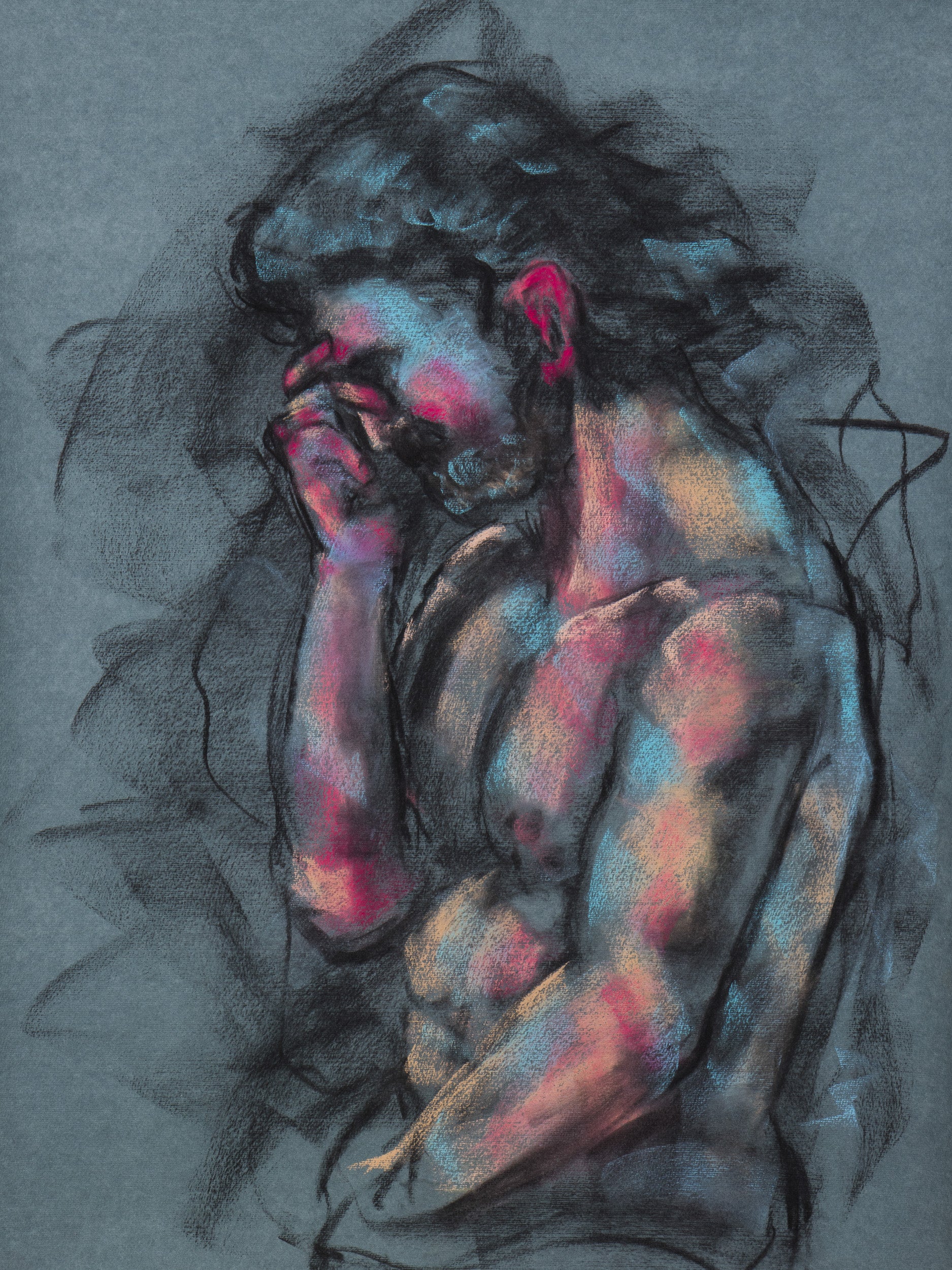 A Quiet Ache giclée fine art print by Bogdan Jensen on Hahnemühle German Etching paper, based on a charcoal figure drawing with blue and rose highlights