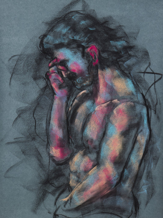 A Quiet Ache giclée fine art print by Bogdan Jensen on Hahnemühle German Etching paper, based on a charcoal figure drawing with blue and rose highlights
