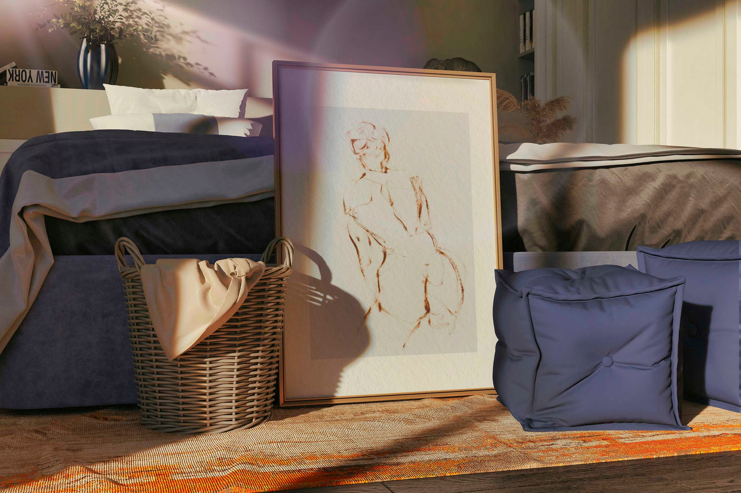 A Shape I Almost Knew fine art print by Bogdan Jensen shown framed beside a bed, with the seated figure rendered in spare brown lines