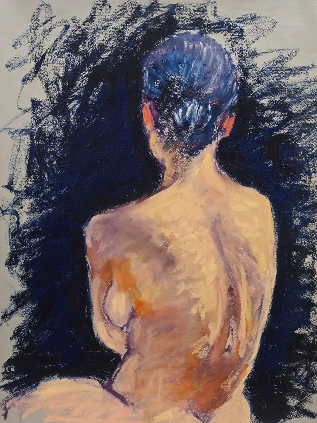 Against Your Gaze, original oil stick painting of a bare-backed seated figure turned away against a dark blue-black background.