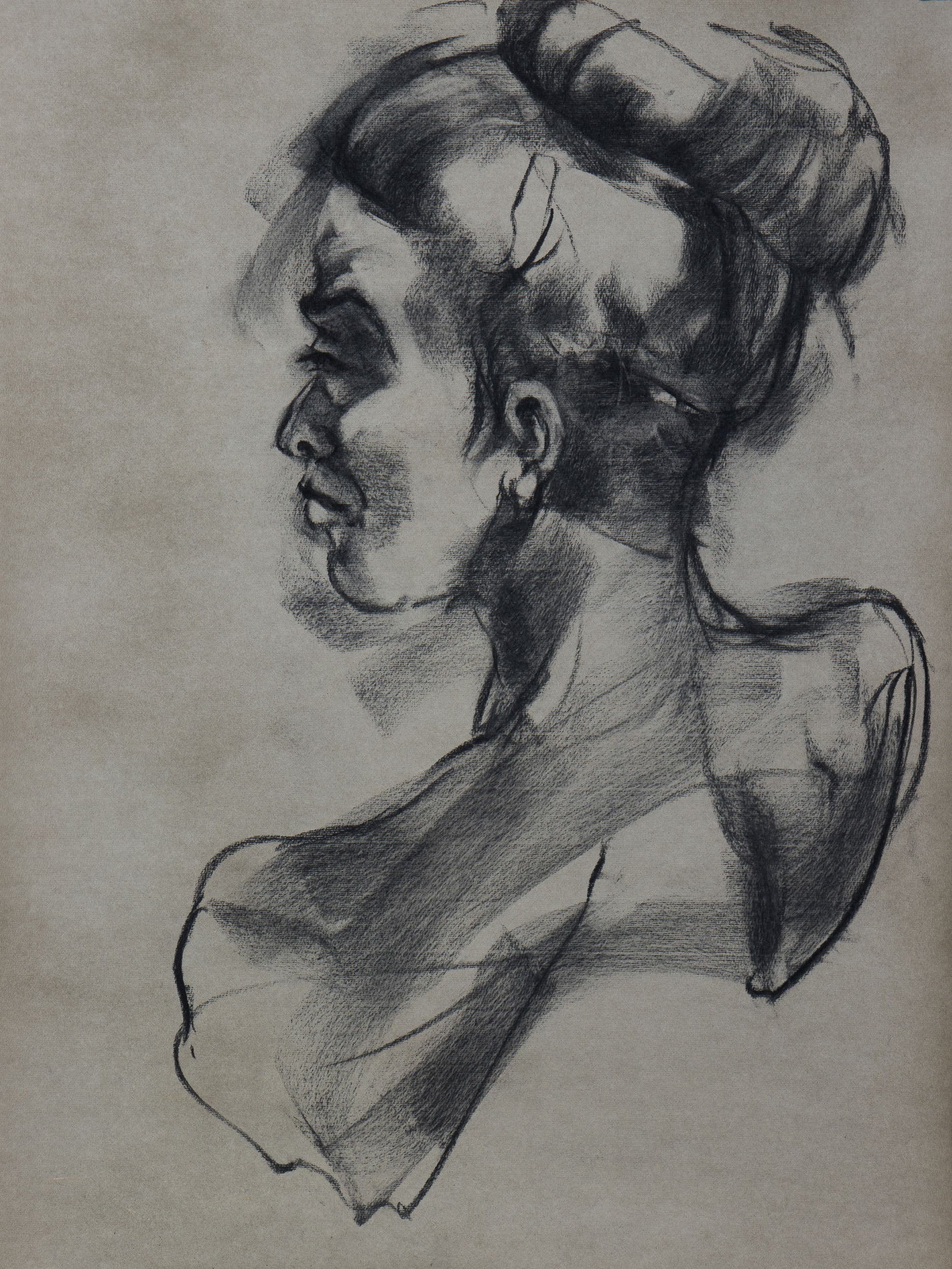 Original charcoal portrait of a figure in profile on toned cotton paper, shaped by strong shadow, restraint, and unfinished edges.