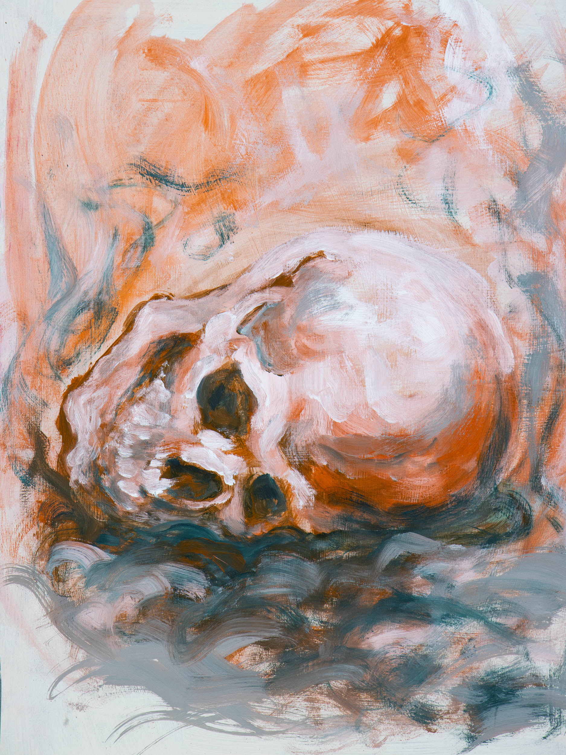 Ash Remains, original oil stick painting of a skull in warm orange, pale pink and blue-grey atmospheric brushwork.