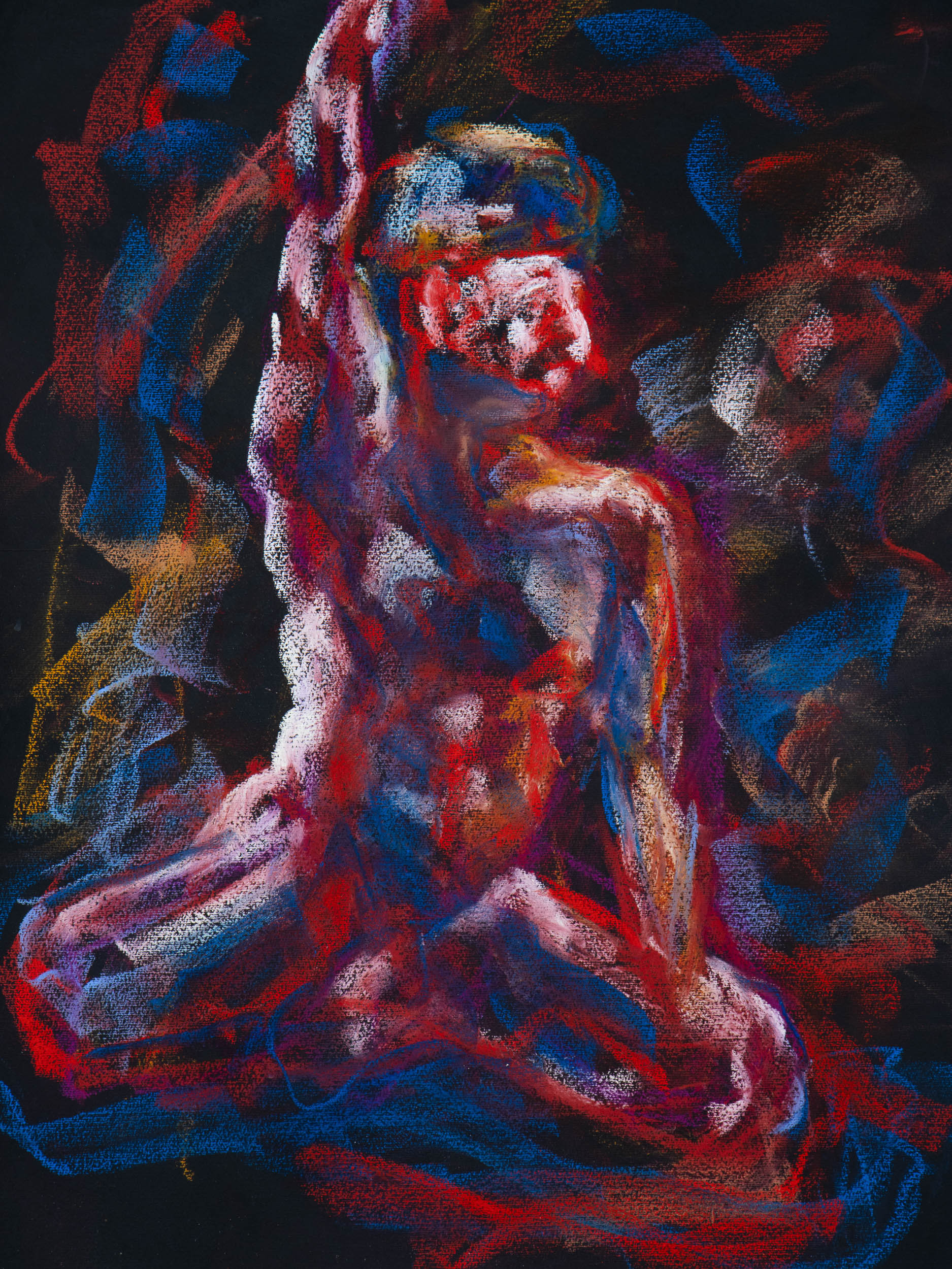 Becoming V, 2026, original soft pastel and charcoal live drawing by Bogdan Jensen from Le Garçon le plus triste du monde in Berlin