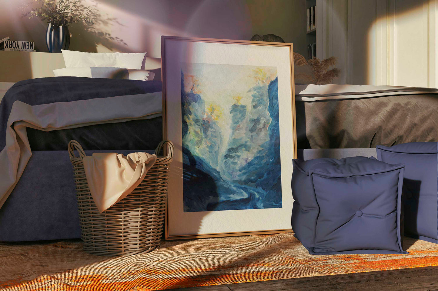 Blue Passage fine art print by Bogdan Jensen displayed on a bedroom floor, showing the blue-toned painting in a relaxed interior setting