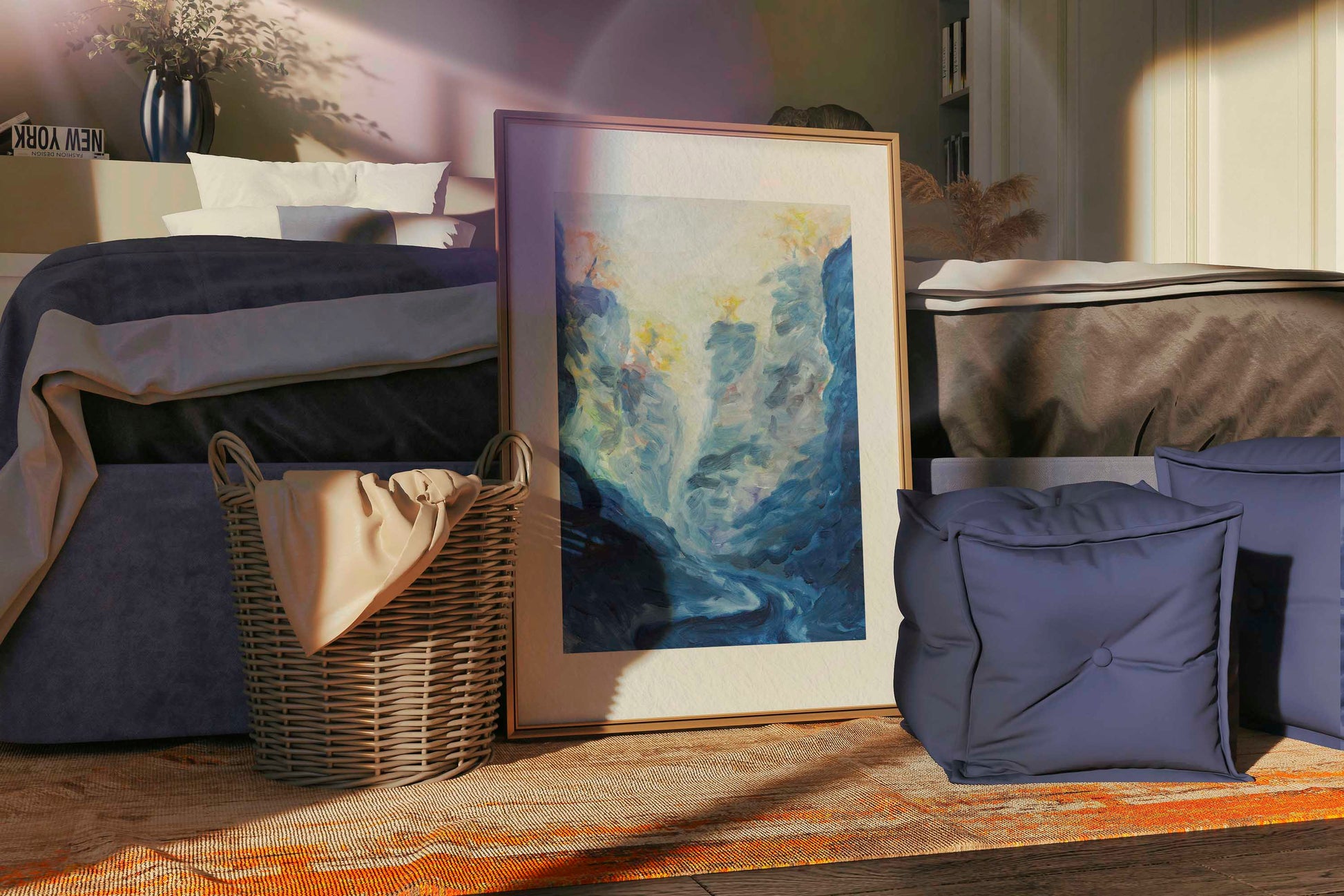 Blue Passage fine art print by Bogdan Jensen displayed on a bedroom floor, showing the blue-toned painting in a relaxed interior setting