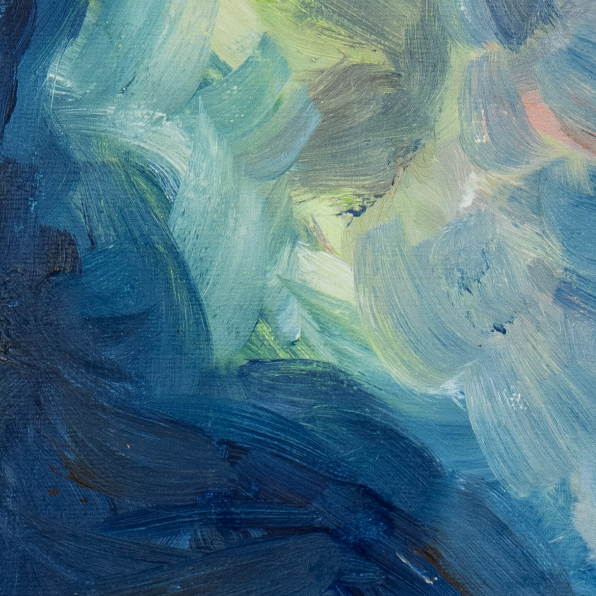 Close-up of Blue Passage fine art print by Bogdan Jensen showing painterly texture, layered blue brushwork, pale light, and small yellow accents
