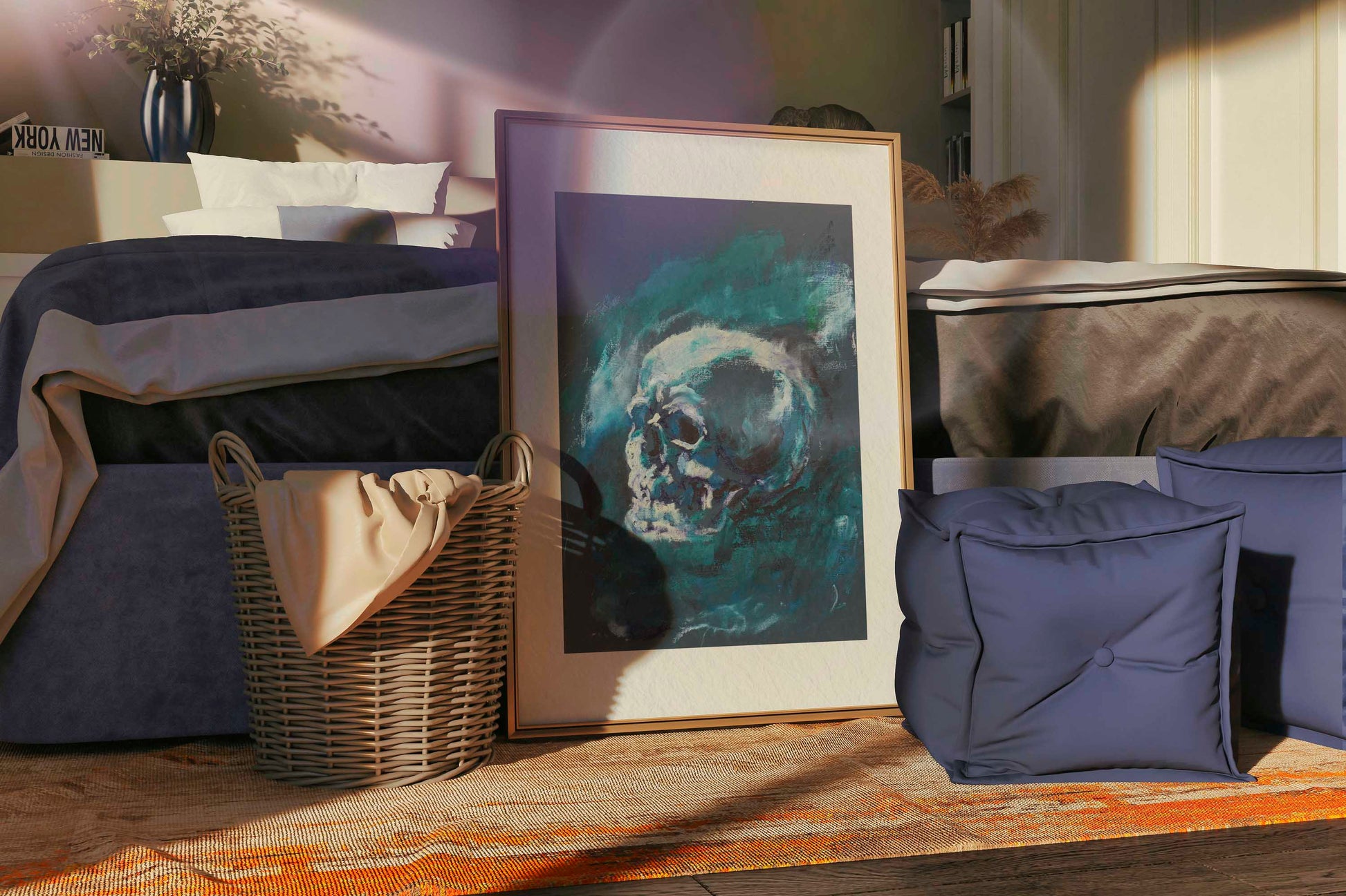 Blue Remains fine art print by Bogdan Jensen displayed on a bedroom floor, showing the dark blue skull study in a relaxed interior setting