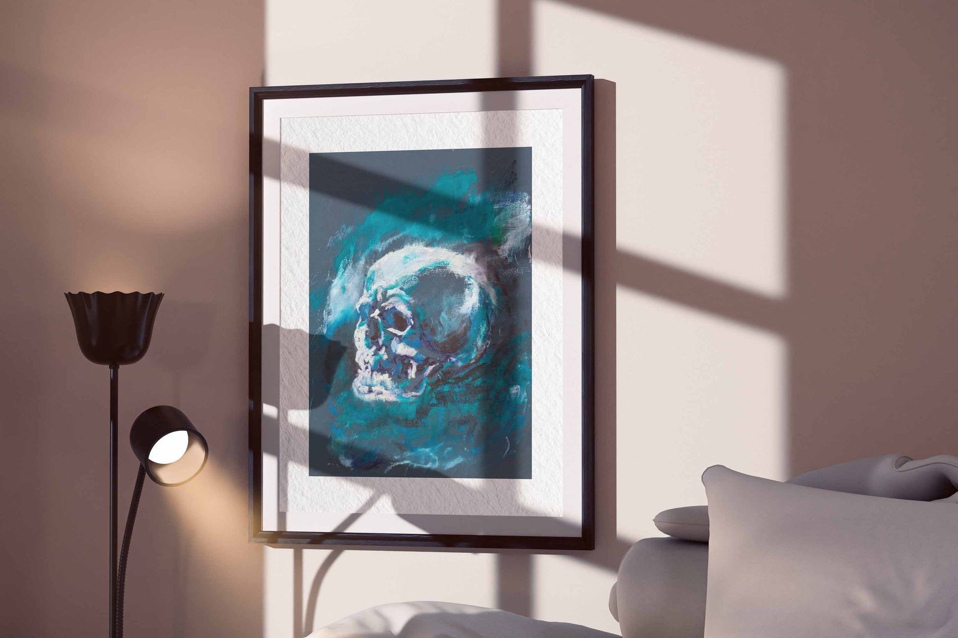 Blue Remains fine art print by Bogdan Jensen displayed in a framed bedroom mockup with soft window shadows and a blue skull study