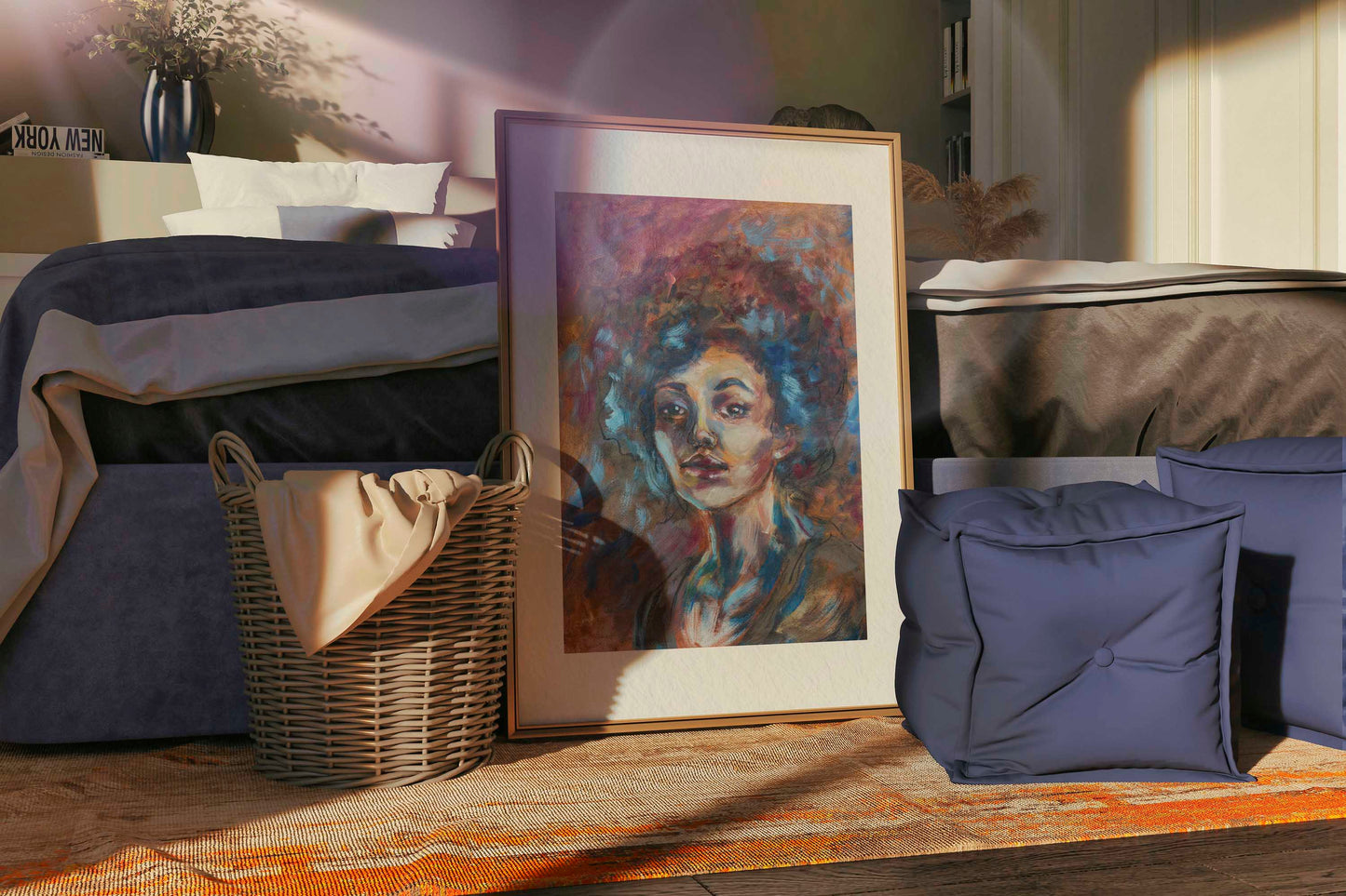 Blue Tempest fine art print by Bogdan Jensen displayed on a bedroom floor, showing the expressive pastel portrait in a relaxed interior setting