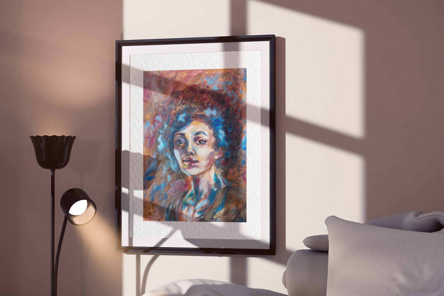 Blue Tempest fine art print by Bogdan Jensen displayed in a framed bedroom mockup with soft window shadows and a vivid pastel portrait