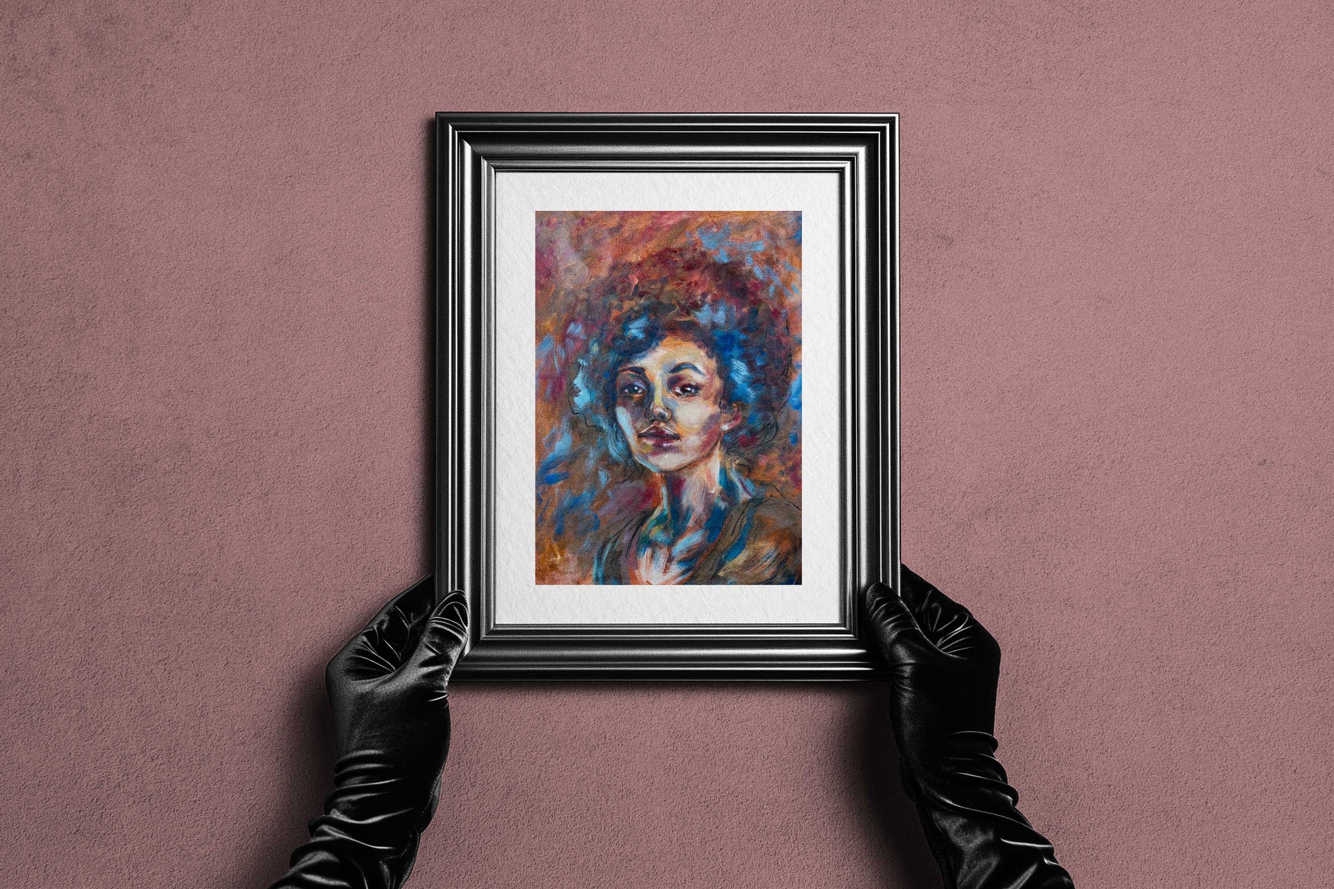 Framed Blue Tempest fine art print by Bogdan Jensen held by hands, showing the colourful soft pastel portrait in a dark frame